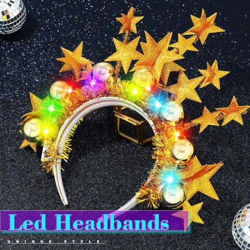 JONKY Light up Star Headband Gold Ball Hair Band Glow Rave Costume Hair Accessories for Women