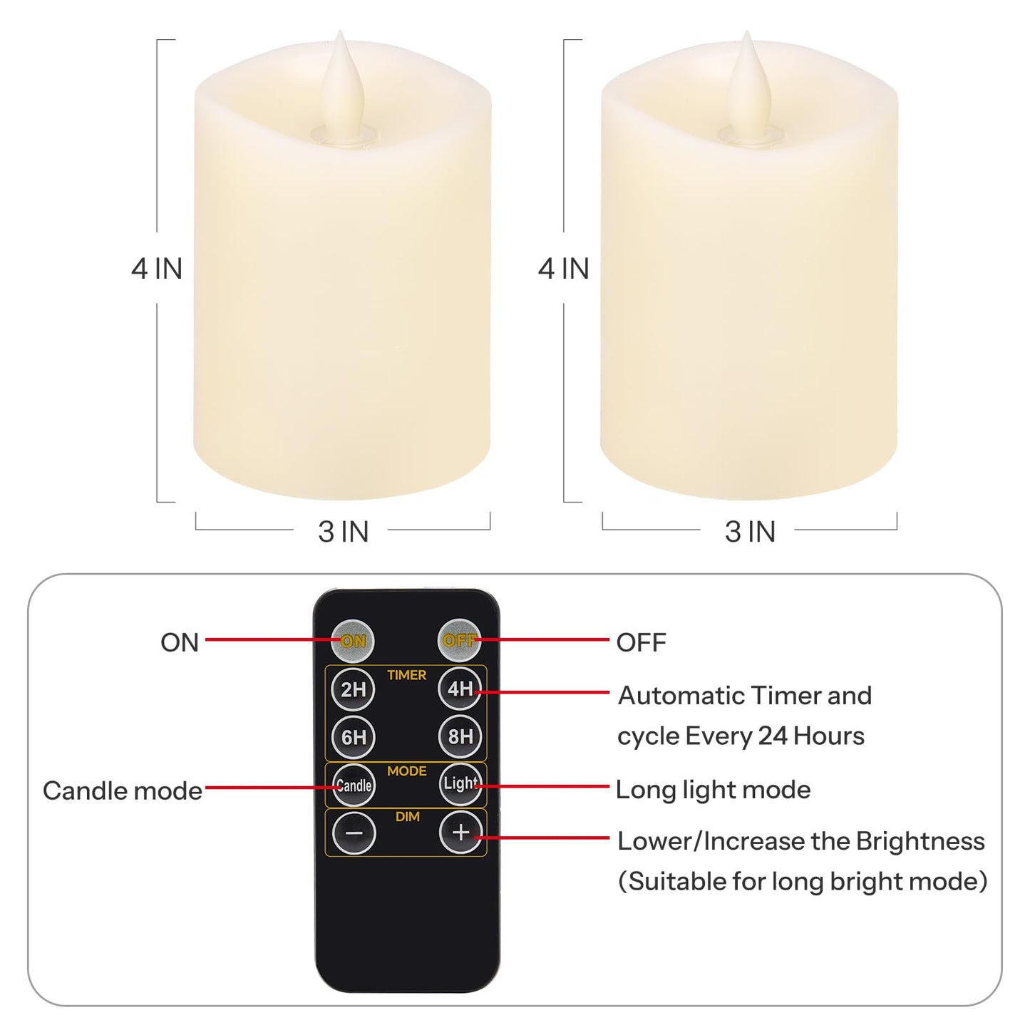 milysoek 3x4 Flickering Flameless Candles Set of 2,Real Wax LED Battery Candles,with Timer,4 inch Flameless Candles with Remote,Battery Operated Candles,for Wedding Holiday Home Decor,Ivory