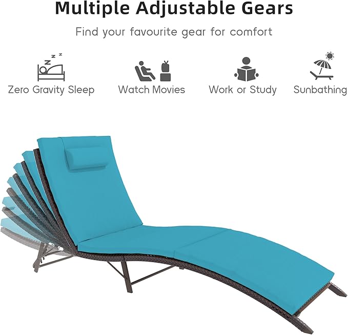 Trumbeak Patio Chaise Lounge Set 3 Pieces Pool Lounge Chairs,Cushioned Outdoor Folding Lounge Chair w/Rattan Adjustable Backrest for Poolside Porch,Folding Table Included,Turquoise Blue