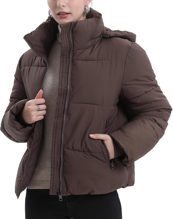 PUFFIT Women's Cropped Puffer Jackets,Warm Winter Jacket with Removable Hood,Zipped Pockets,Short Ladies Quilted Coat