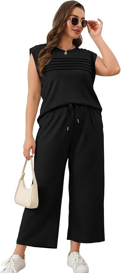 WIHOLL 2 Piece Sets for Women Summer Lounge Sets Travel Vacation Outfits Cap Sleeve Sweatsuit Side Slit Wide Leg Pants S-3XL