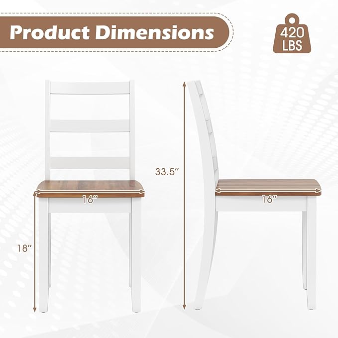 Giantex Dining Chairs, Wooden Armless Kitchen Chairs with Solid Rubber Wood Legs, Farmhouse Ladder Back Dining Chairs for Dining Room (2, White+Brown)