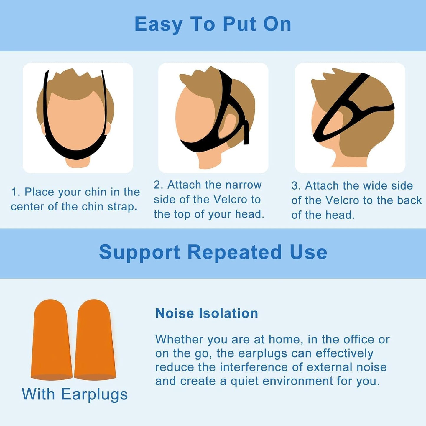 Chin Strap for Sleeping, Anti Snoring Devices Comfortable Effective Stop Snoring Solution, Snore Stopper Breathable, Anti Snore Chin Strap Adjustable Velcro, with Eye Mask, Black 001