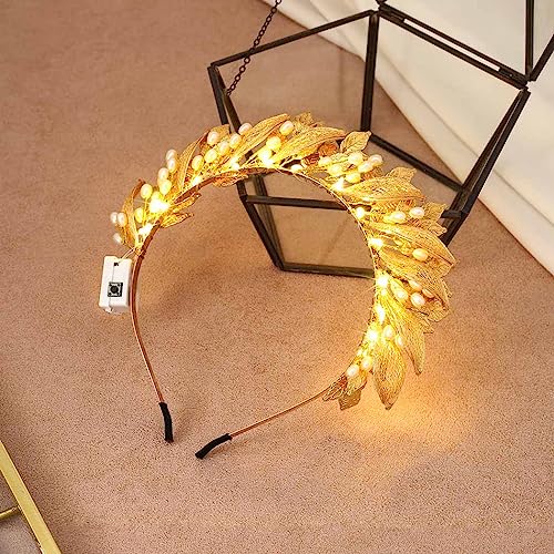 Catery Gold Leaf Headband Light up Greek Goddess Crown Headpiece Costume Accessories for Women
