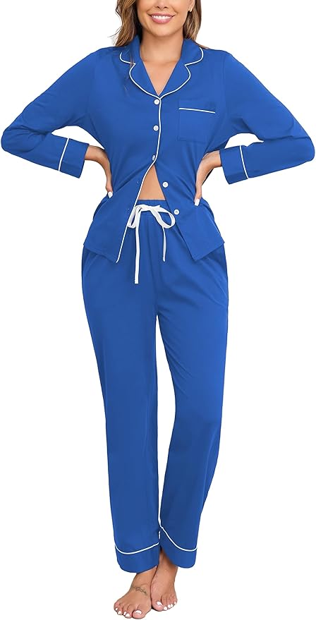 Veseacky 100% Cotton Pajamas for Women Set Long Sleeve Button Down Sleepwear Soft Pjs Lounge Sets with Pockets XS-XXL