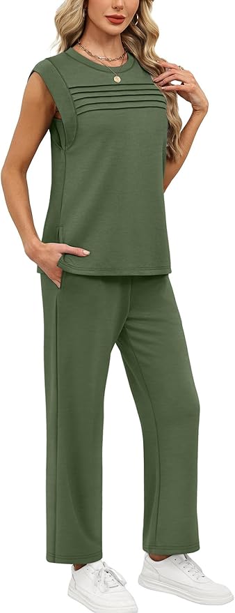WIHOLL 2 Piece Sets for Women Summer Lounge Sets Travel Vacation Outfits Cap Sleeve Sweatsuit Side Slit Wide Leg Pants S-3XL