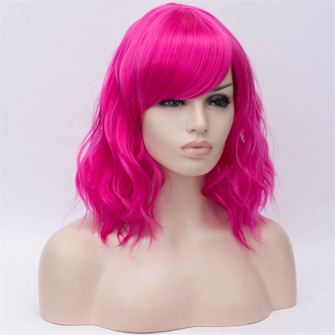 BUFASHION 14 Women's Pink Wavy Curly Wig - Heat Resistant Synthetic Hair, Bob Style with Side Bangs - Halloween, Cosplay & Party