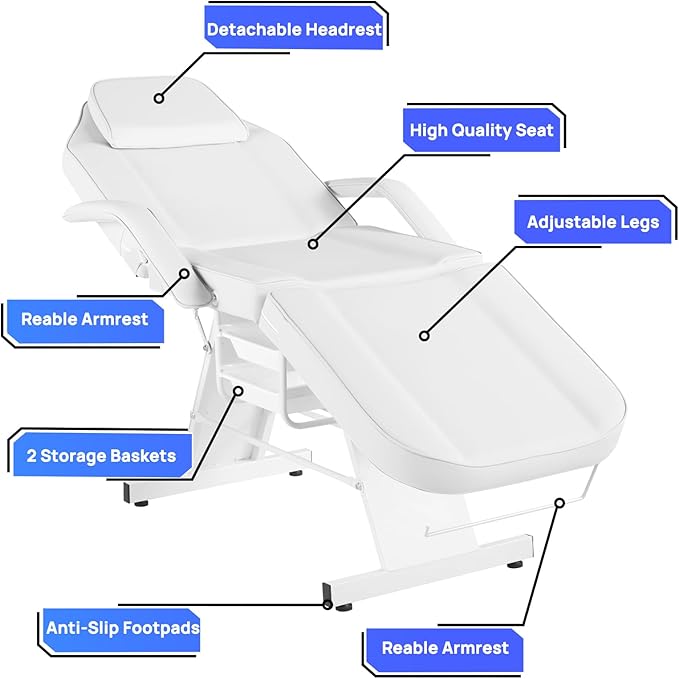 Facial Chair Tattoo Chair Massage Bed Adjustable 3-Section Multipurpose with Hydraulic Stool for Esthetician Beauty Spa Tattoo Eyelash Equipment White