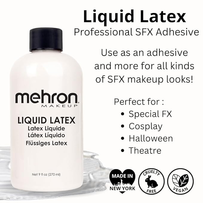 Mehron Makeup Liquid Latex | SFX Makeup | Halloween | Latex Glue for Skin | Prosthetic Glue 9 fl oz (266 ml) (Clear Flesh)