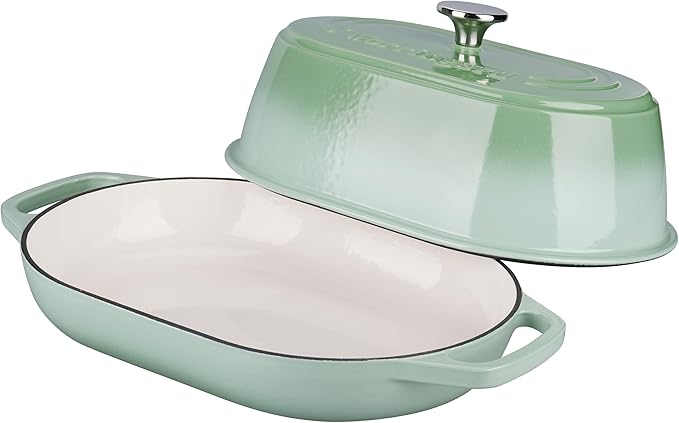 Enameled Cast Iron Dutch Oven Pot with Dome Lid, Oval Bread Oven for Homemade Sourdough Bread Baking, Oven Safe up to 500°F, 6 Quart, Green