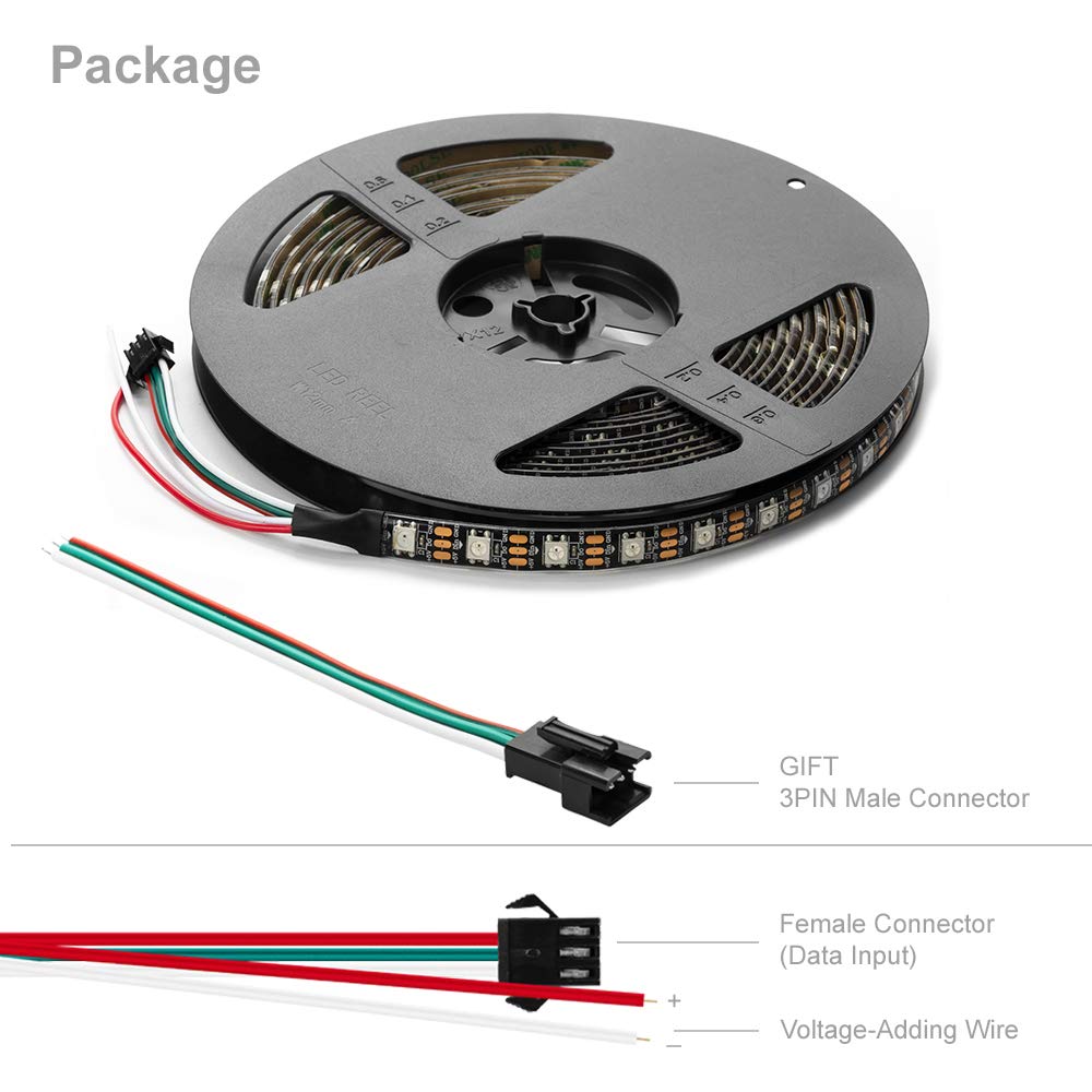 BTF-LIGHTING WS2812B IC RGB 5050SMD Pure Gold Individual Addressable LED Strip 16.4FT 300LED 60Pixel/m Flexible Full Color IP65 DC5V for DIY Chasing Color Project(No Adapter or Controller)