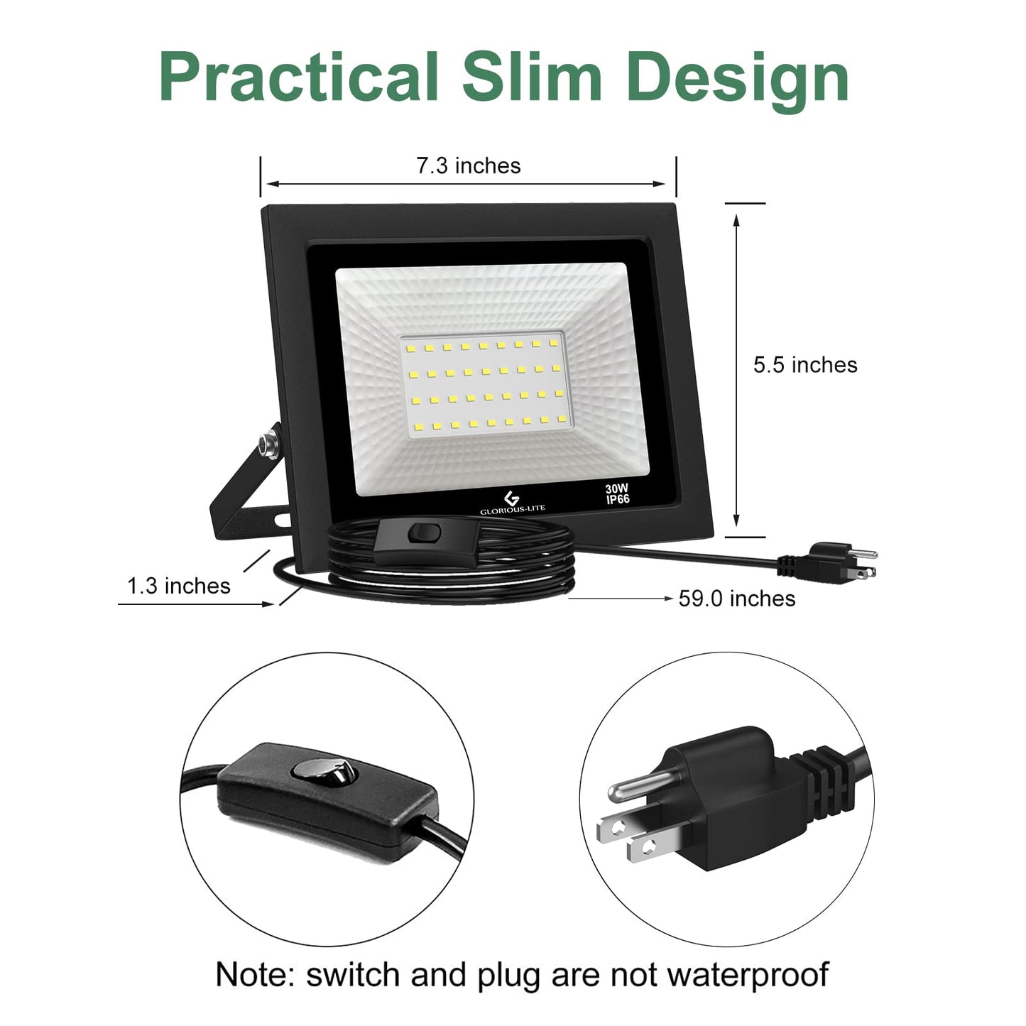 GLORIOUS-LITE LED Flood Lights Outdoor, 100W 10000LM Outside LED Work Light with Plug, 6000K Daylight White, IP66 Waterproof Portable Spot Security Lights for Garage, Yard, Garden, Playground(2 Pack)
