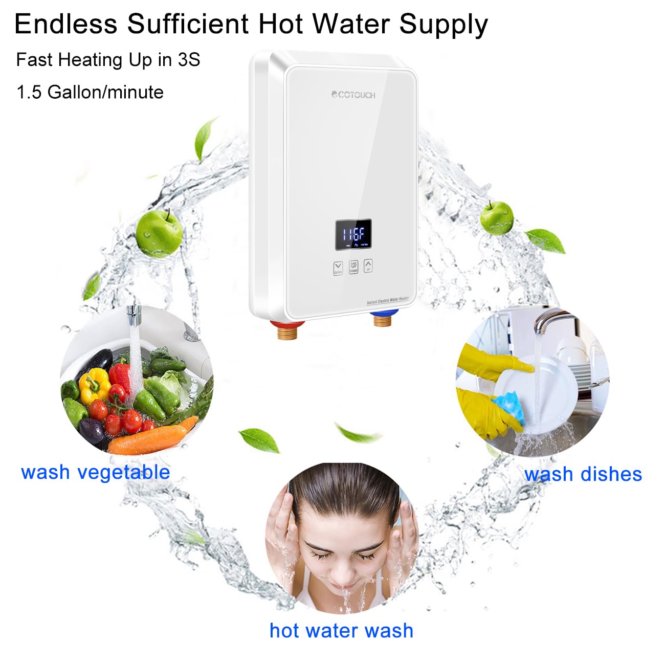 Tankless Water Heater Electric, ECOTOUCH 240V 6.5kW Point of Use Water Heater On Demand Instant Hot Water Heater with Self-modulating for Sink Faucet, White, ECO65S