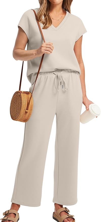 Saloogoe Two Piece Sets for Women Summer Outfits Lounge Sets V Neck Tops Wide Leg Pants Woman Vacation Travel Outfits