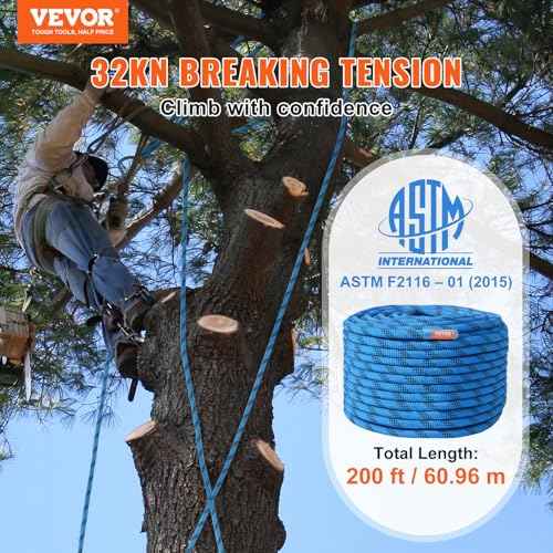 VEVOR 12.7mm Static Climbing Rope, 60.9M(200ft) Outdoor Rock Climbing Rope 30KN Breaking Tension, Fiber Rope for Escape, Rappelling, Fire Rescue, Blue
