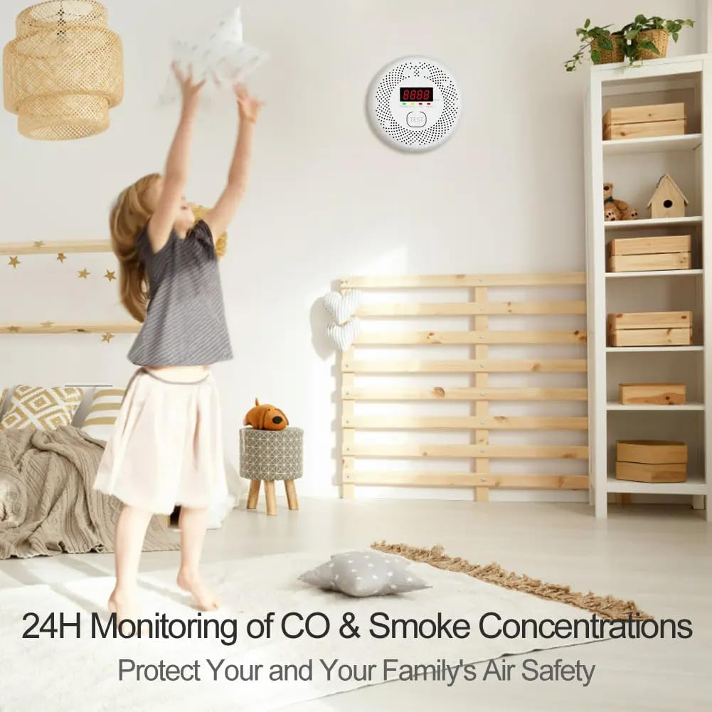Vzmcov Carbon Monoxide and Smoke Detector LCD Display, Battery Powered, Dual sensors, 85dB Voice Alarm and Real-time Tracking, Suitable for Home/Kitchen/Bedroom/RV (Small Screen, 1Pack-CO&Smoke)