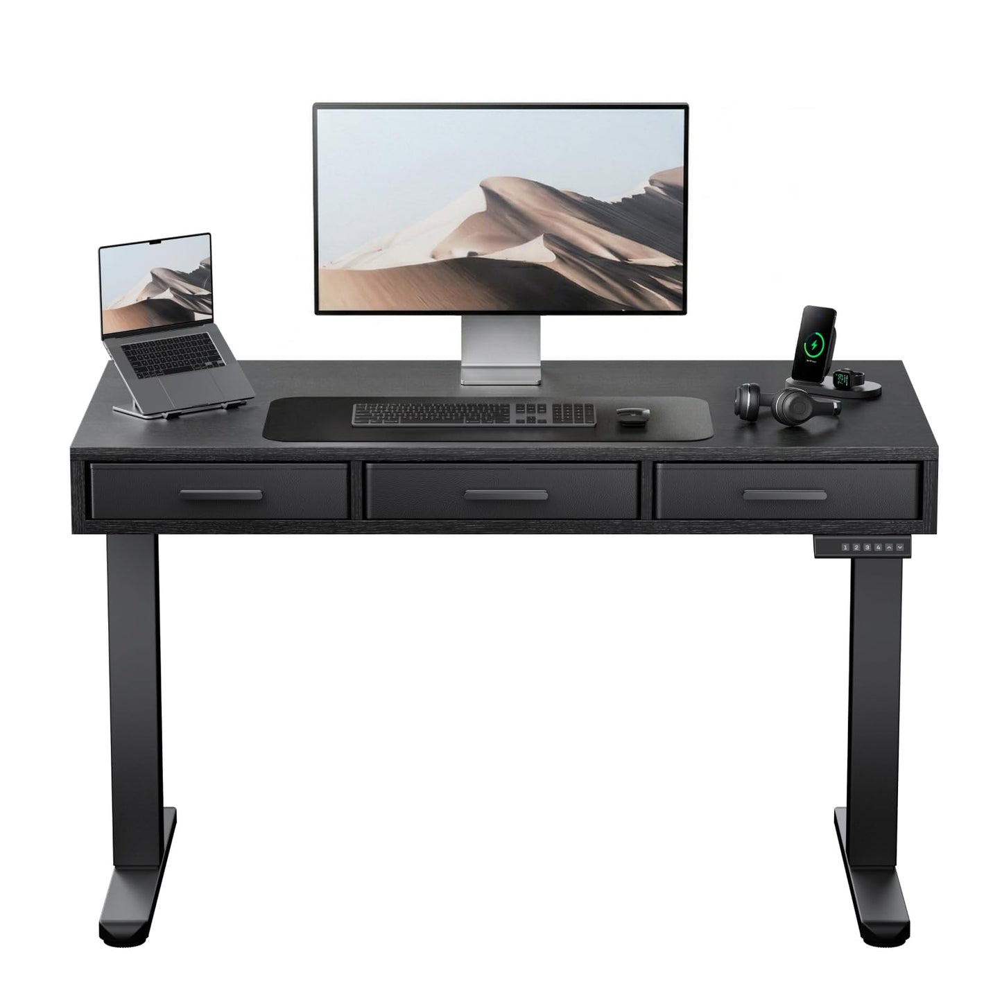 HUANUO Electric Standing Desk with Drawers, C-Clamp Mount Compatible, 40 x 22 Inch Height Adjustable Sit Stand Desk, Fabric Drawers, Home Office Stand Up Desk with 4 Custom Height Settings, Black