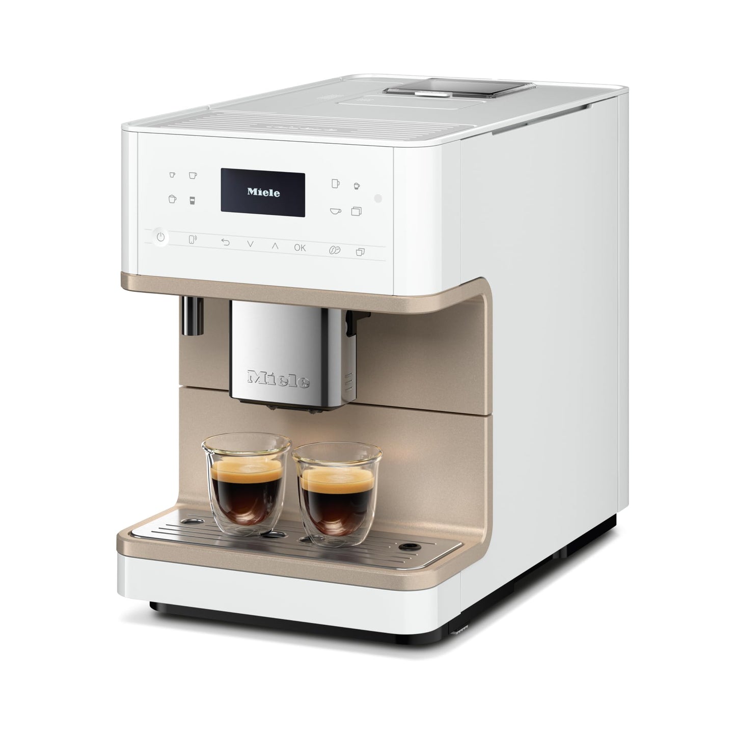 Miele CM 6360 MilkPerfection Automatic Coffee Machine - OneTouch for Two, AromaticSystem, 8 individual profiles, DoubleShot, WiFi-compatible, LED lighting, in Lotus White CleanSteel Metallic