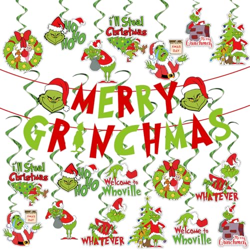 Adurself Christmas Party Decorations - 38Pcs Red Green Hanging Swirls Foil Swirl Ceiling Hanging Decorations Merry Christm...