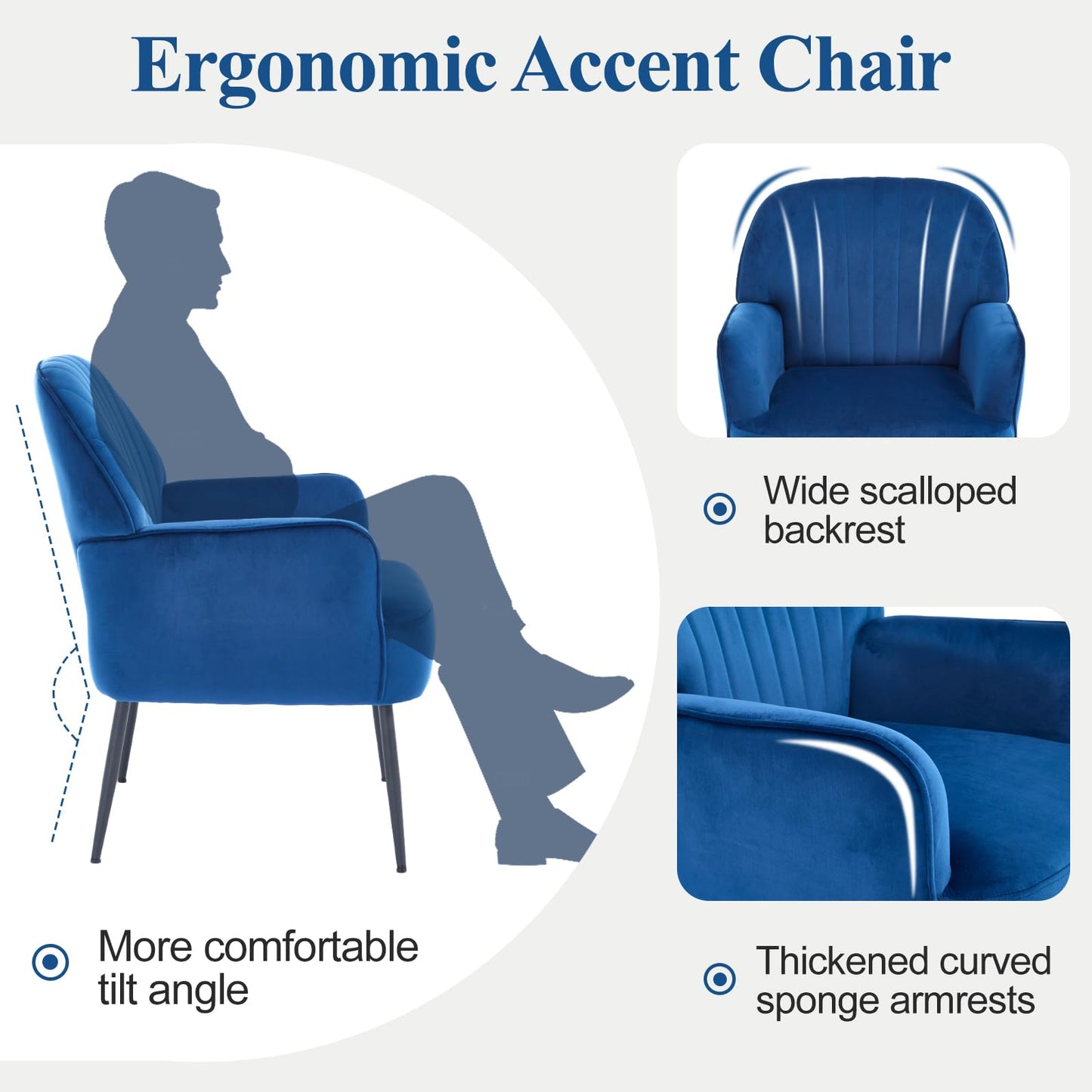 E-Motie Velvet Accent Chair, Modern Upholstered Single Sofa Side Living Room Chair, Comfy Reading Armchair with Metal Legs for Bedroom, Waiting Room, Office and Cafe, Blue
