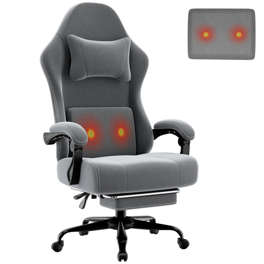 Massage Gaming Chair, Ergonomic Video Game Chair with Lumbar Support and Footrest, Height Adjustable Fabric Computer Chair with Pocket Spring Cushion (Gray)