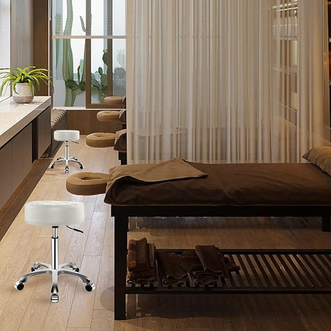 Ainilaily Rolling Stool with Wheels, Thick Cushion Heavy Duty Esthetician Hydraulic Chair Stool for Work Medical Tattoo Salon Office (White)
