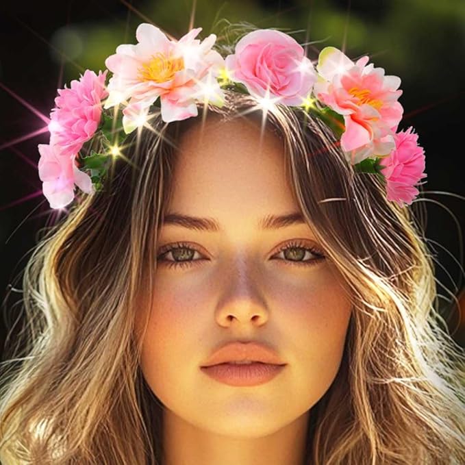 DRESBE Light Up Flower Headbands LED Floral Garland Crown Headband Glowing Party Wreath Hair Accessories for Women (Pink)