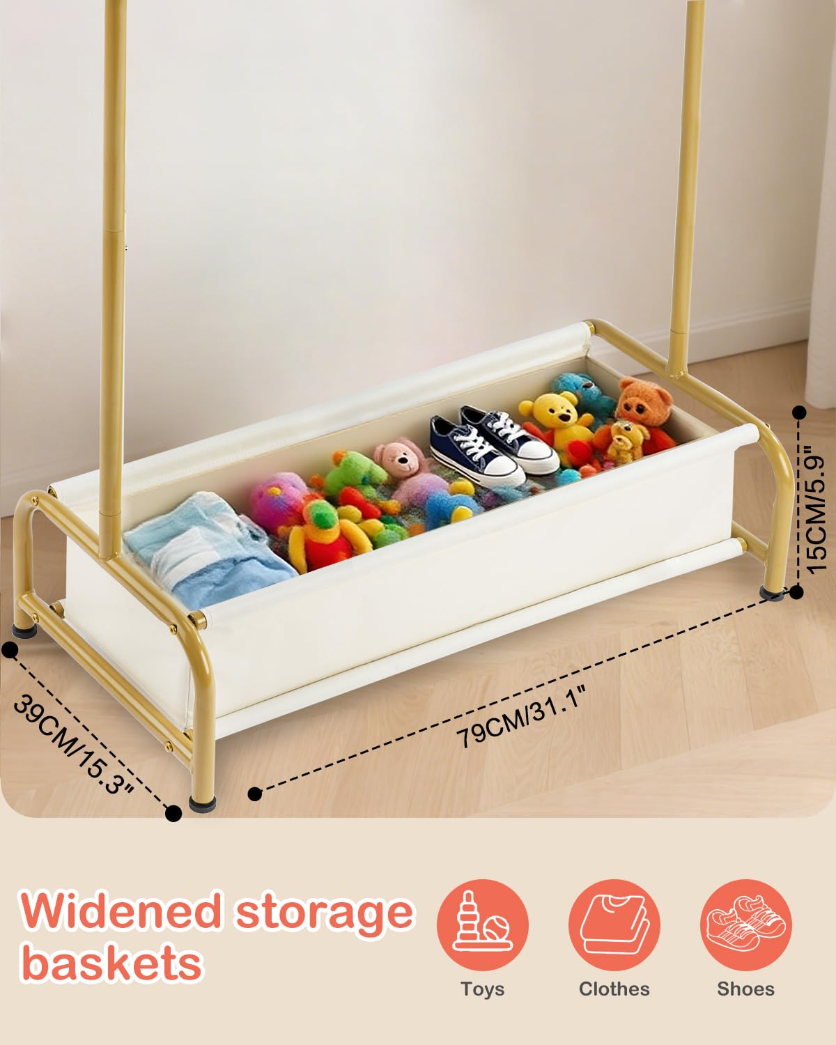 Atrastout Kids Clothing Rack-Portable Kids Clothing Rack with Storage Shelf - Toddler Garment Organizer for Baby Clothes, Dance Costumes, Girls Gift Ideas（Bright Gold）