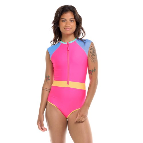 Body Glove Women's Standard Stand Up Zip Front Paddle One Piece Swimsuit with UPF 50+, Bubble Gum Colorblock