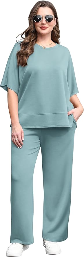 XIEERDUO Women's Side Slit Lounge Sets 2 Piece Travel Outfits Airport Tracksuit Oversized Wide Leg Loungewear S-3XL