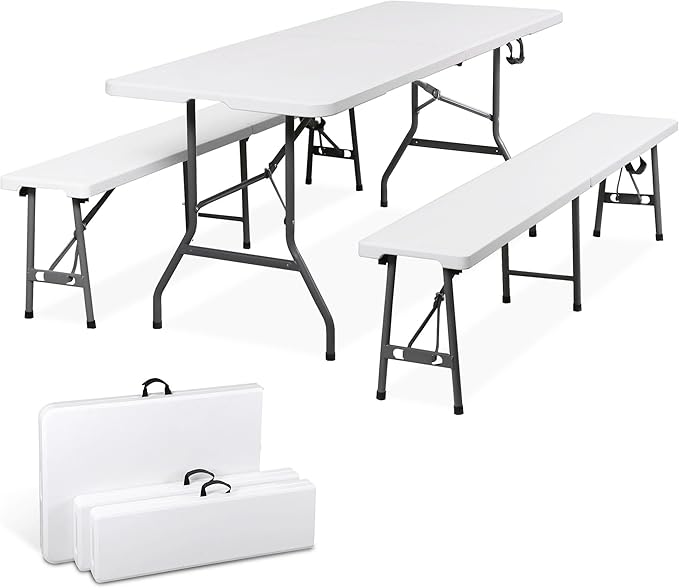 SUPER DEAL Folding Table Set with 2 Benches, 6 FT Camping Picnic Table Set, Outdoor Indoor Portable Furniture for Working ...