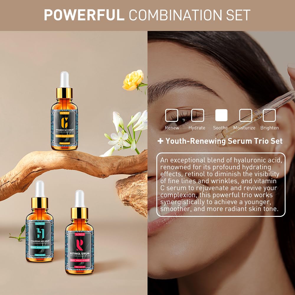Aiwei Facial Serum Set - Includes Vitamin C, Retinol & Hyaluronic Acid - Improve Skin Texture, Glow & Hydration - Day and Night