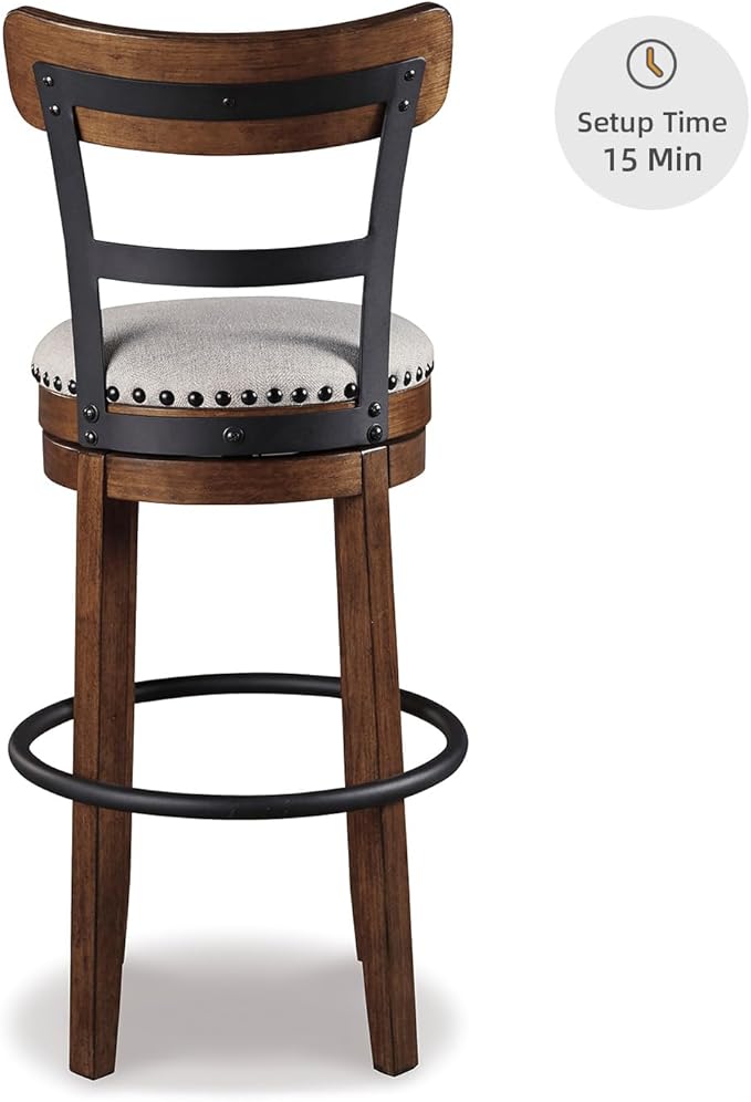 Signature Design by Ashley Valebeck | 30″ Farmhouse Pub-Height Swivel Barstool With Back – Upholstered Cushion, Nailhead Trim, Metal & Wood Frame, Brown