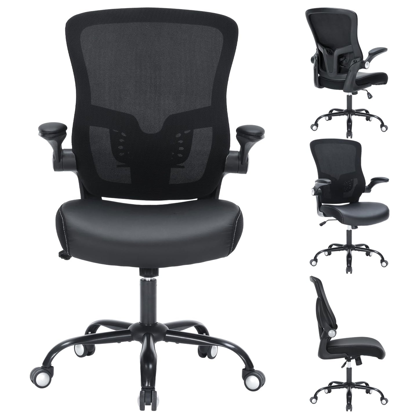 Office Chair PU Leather Cushion, Ergonomic Desk Chair with Flip-Up Arms, 300 LBS Home Office Desk Chairs Adjustable Seat Height & Lumbar Support, Executive Comfy Swivel Task Computer Chair