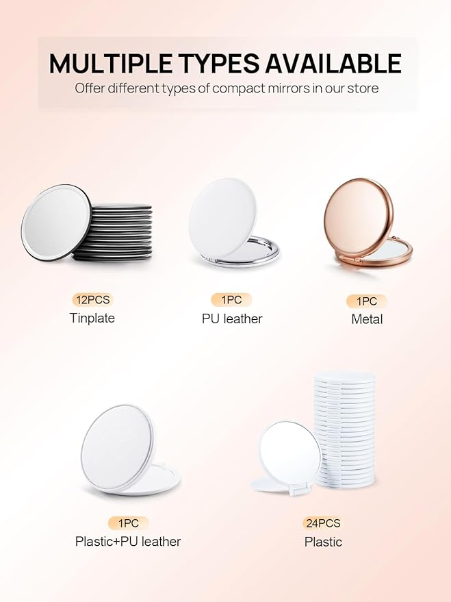Compact Mirror for Purse, Pack of 24 Double-Sided 1X/2X Magnifying Round Metal Pocket Makeup Mirrors (Round, Pink Marshmallow)