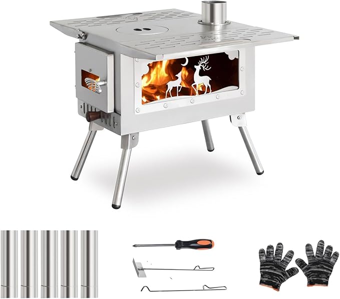 Outdoor Camping Tent Stove Portable Camping Stove Stainless Steel Stove With Chimney Pipe for Outdoor Cooking Camping BBQ ...