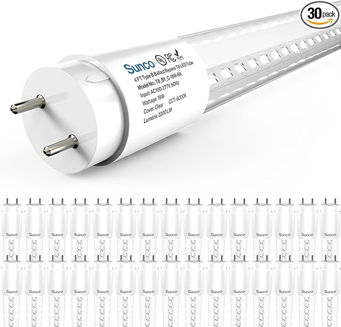 Sunco 30 Pack T8 LED Bulbs 4 Foot, Tube Light Bulbs Ballast Bypass, 48 Inch Fluorescent Replacement, 2200 LM, 18W, 6000K D...