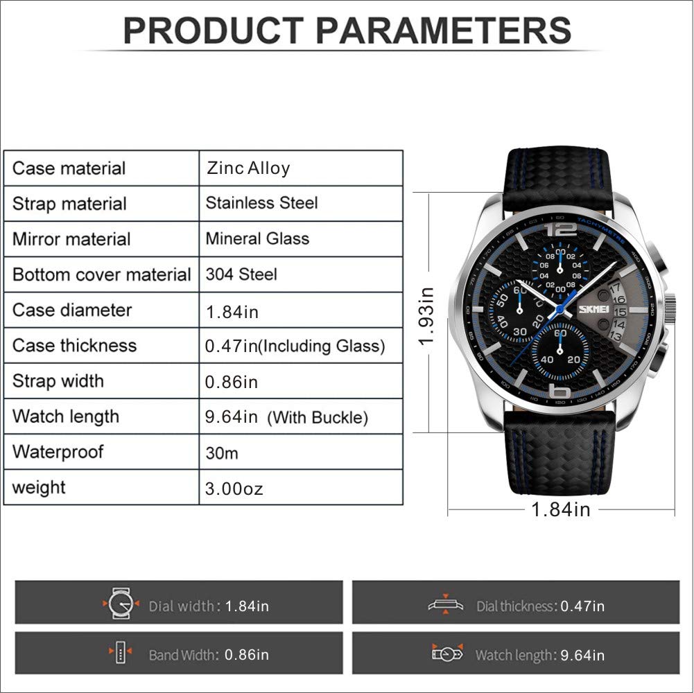 SKMEI Men Watches Black Leather Band Sports Large Big Face Luxury Waterproof Luminous Fashion Dress Casual Analog Quartz Chronograph Father Gifts Wrist Watch