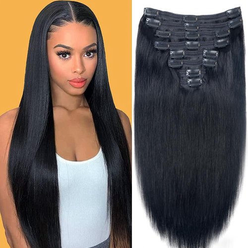 Straight Clip in Hair Extensions for Black Women Clip in Hair Extensions Real Human Hair,8pcs Per Set with 18Clips Double Lace Weft,120Gram,100% Real Soft Human Hair Natural Black (26Inch, #1B)