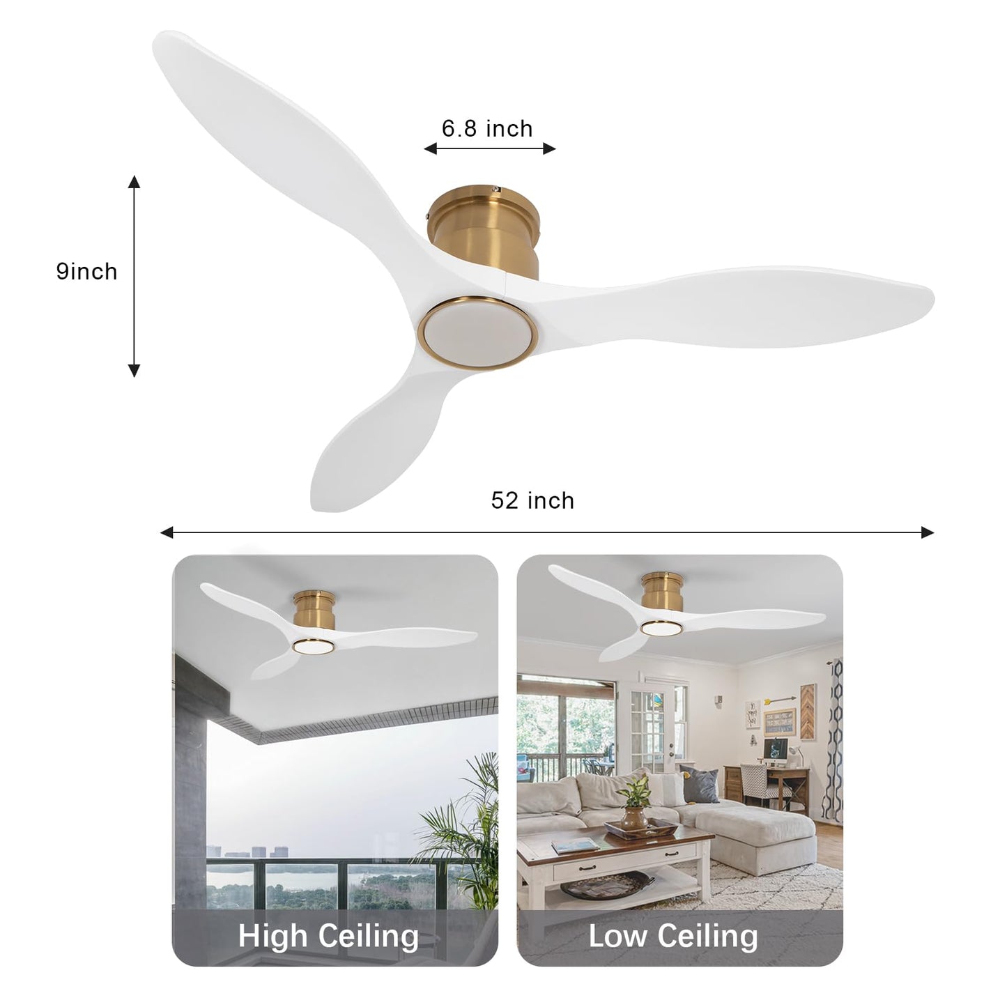 52 Inch Ceiling Fan with Lights and Remote, White Gold Low Profile Flush Mount, Modern 3 Blade Ceiling Fans Dimmable LED Light for Farmhouse Indoor Bedroom, Living Room
