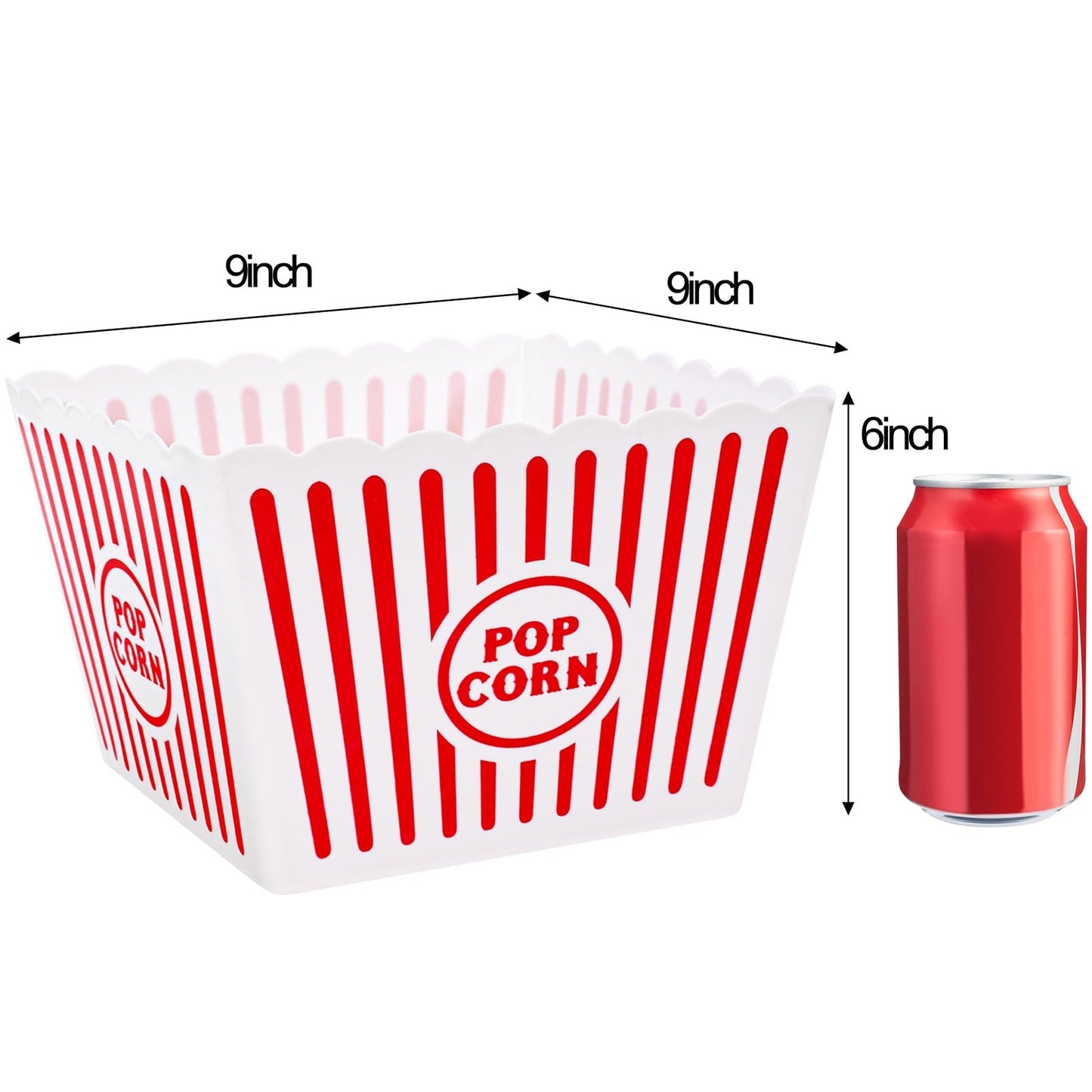 Bekith 6 Pack Plastic Popcorn Buckets Reusable, Large Popcorn Containers for Movie Night, 9" Square x 6" Tall