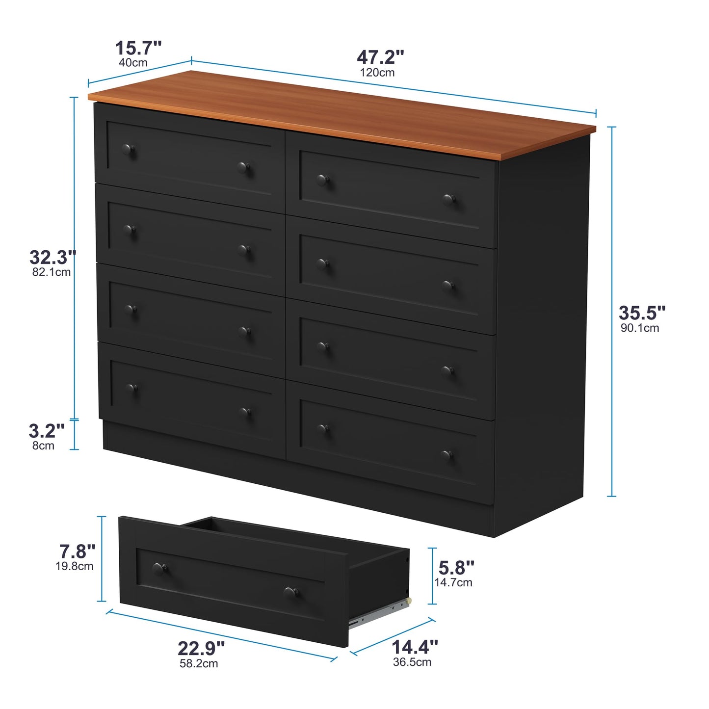 Furnify 8 Drawer Dresser for Bedroom, Farmhouse Dresser for Closet 8 Drawer, Wide Modern Chest of Drawers, Storage Cabinet, Bedroom, Living Room, Entryway, Black