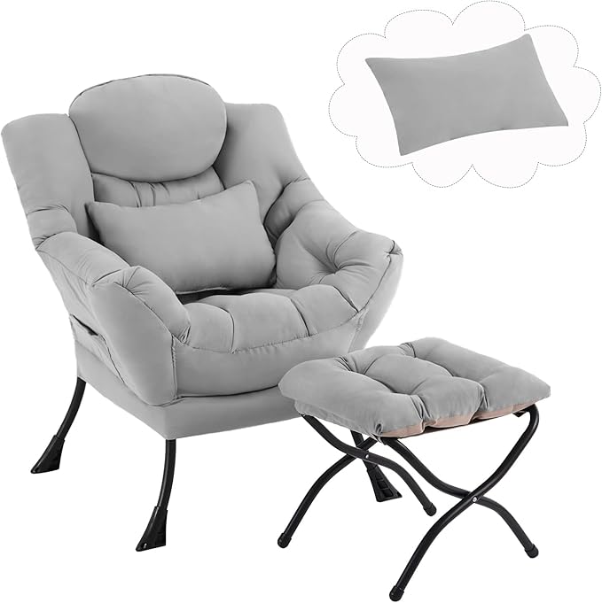 Furlide Lazy Chair with Ottoman, Modern Lounge Chair with Lumbar Pillow, Accent Cozy Reading Armchair and Folding Footstool for Bedroom, Dorm, Living Room,Light Grey