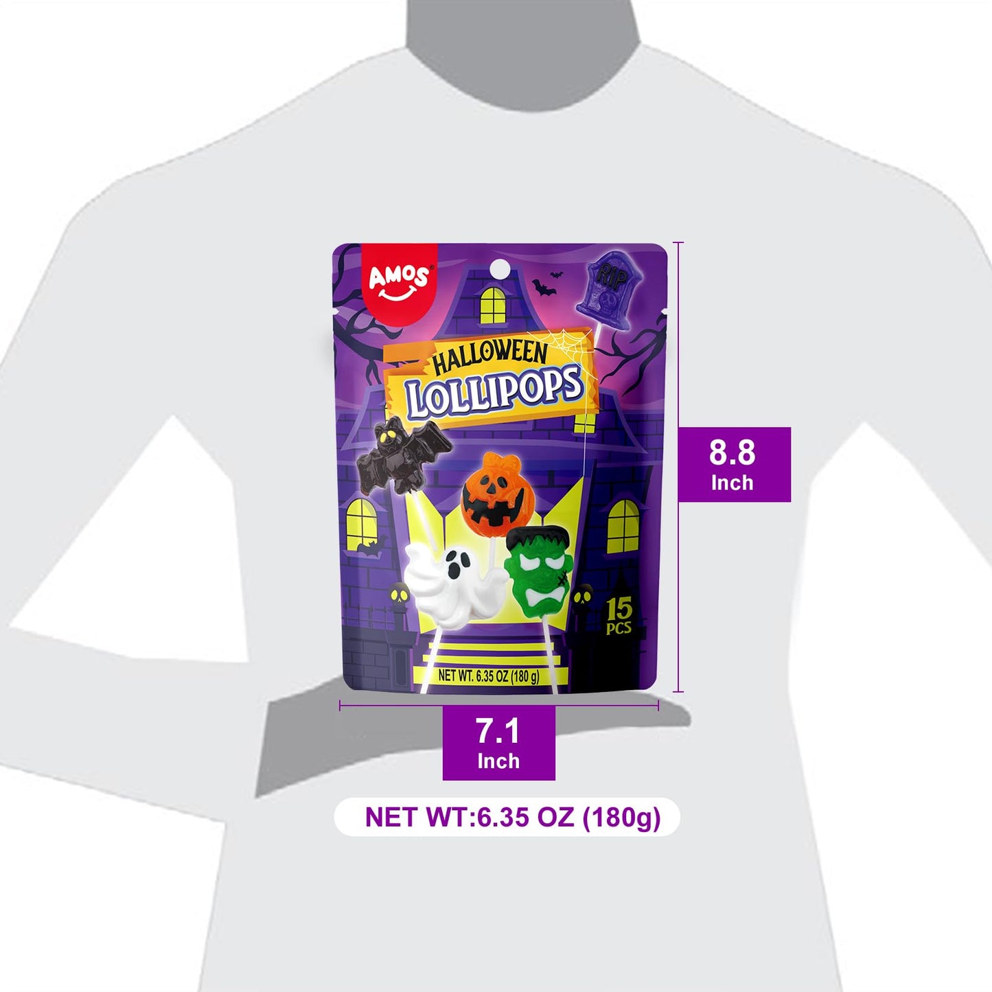 Amos Halloween Candy Lollipop, Monster Variety Suckers Individually Wrapped, Spooky Candies for Trick or Treat (6.35oz,15 Pcs)