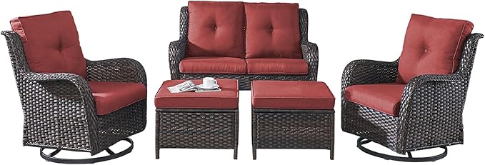 Rilyson Wicker Patio Furniture Set - 5 Piece Rattan Outdoor Sectional Conversation Sets with 2 Rocking Swivel Chairs,2 Ottomans and 1 Loveseat for Porch Deck Garden(Brown/Red)