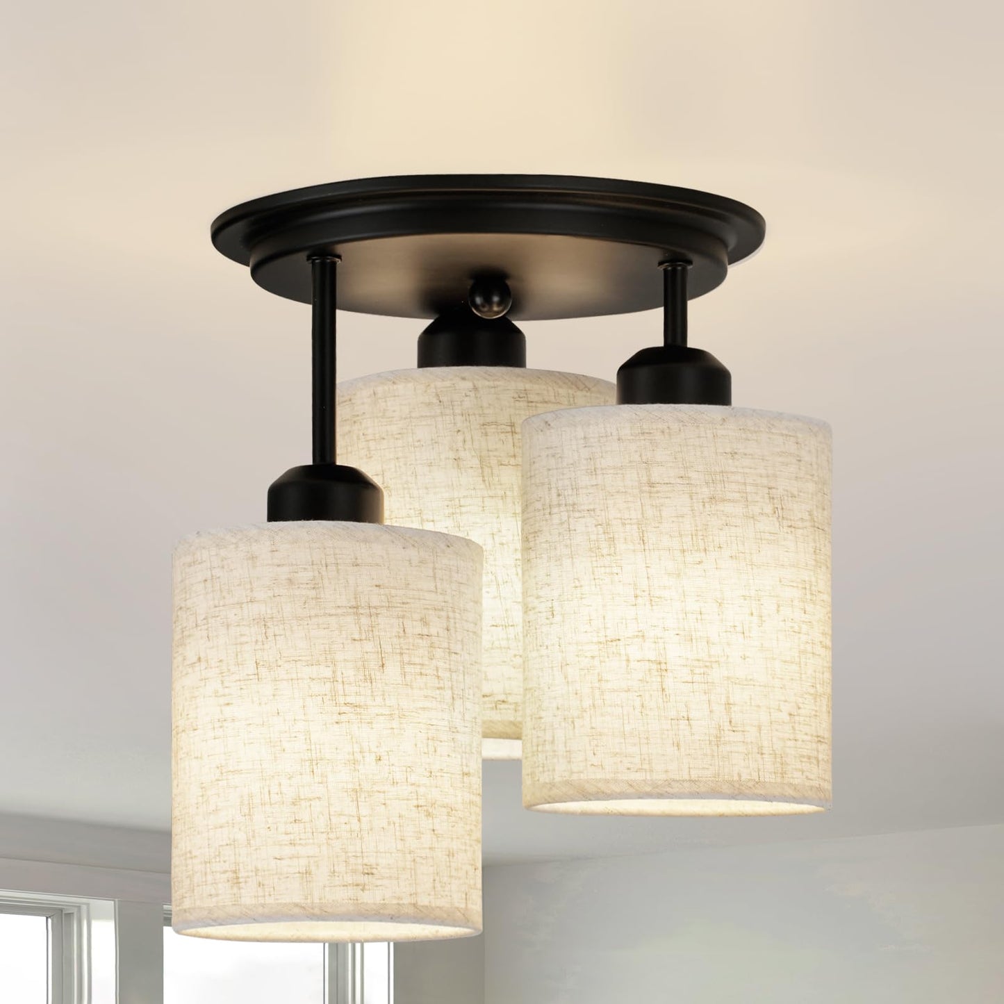 Scyvenra Semi Flush Mount Ceiling Light, 3-Light Close to Ceiling Light Fixtures, Matte Black Kitchen Light Fixtures with Linen Fabric Shade, Hallway Light Fixtures Ceiling Mount for Foyer Entryway
