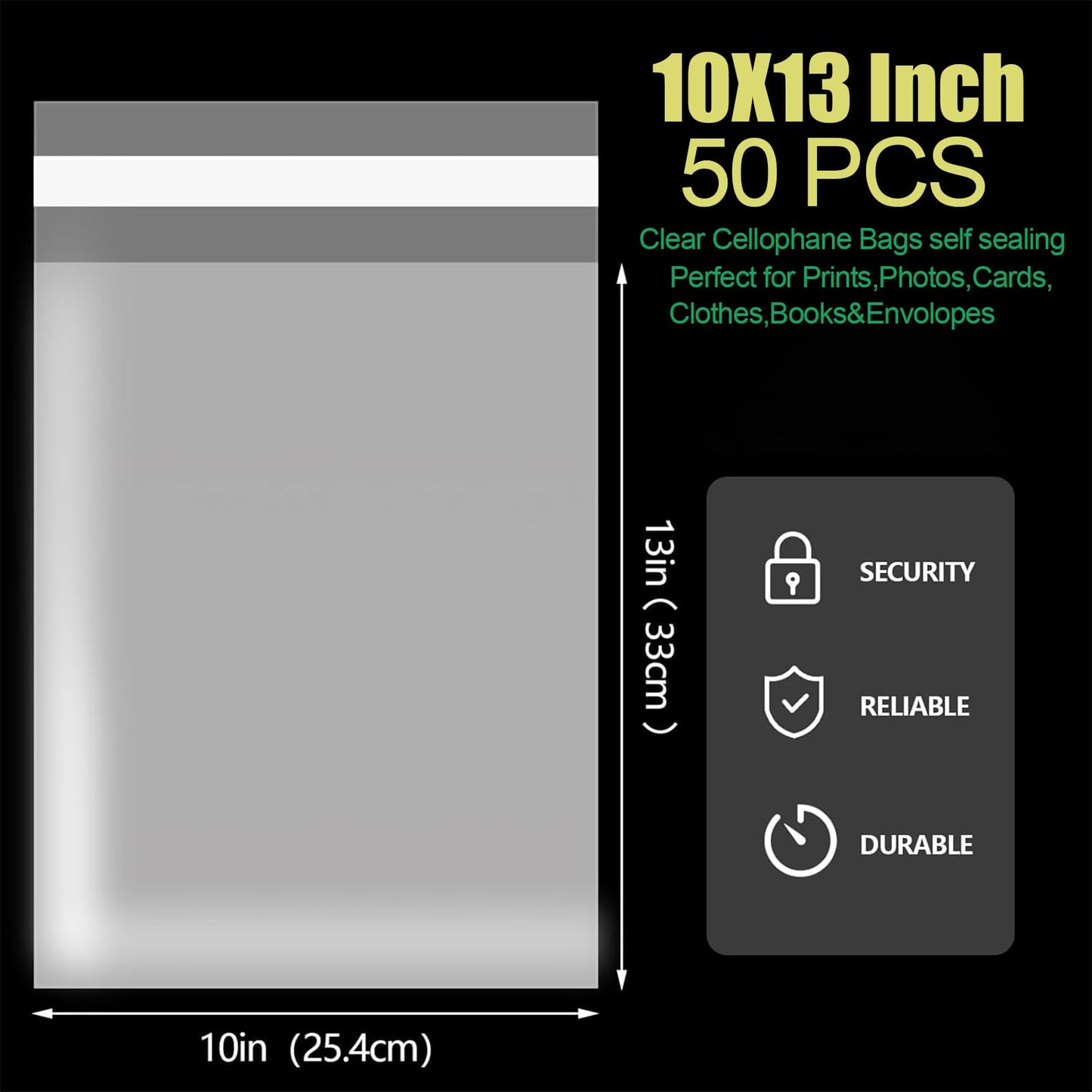 SOMIOCO 50 pcs Clear 10" x 13" Self Seal Cello Cellophane Bags Resealable Poly Bags 2.8 mils OPP Bag for Packaging Clothing, T Shirts, Party Decorative Gift