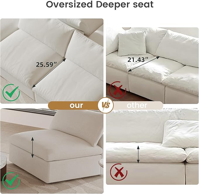 Cloud Couch Modular Sectional Sofa with Storage Ottomans,160.6" Down Filled 6 Seater Convertible Sectional Sofas,V Shaped White Couch for Living Room,Covers Washable&Replaceable