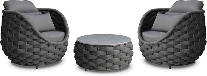 Erotr Front Porch Furniture Set 3 Piece: Aluminum Woven Rope Patio Conversation Sofa Set for 2 - Assembled Outdoor Couch Armchair Set Cushions - for 400lb Deck Balcony Pool Yard Hotel - Dark Gray