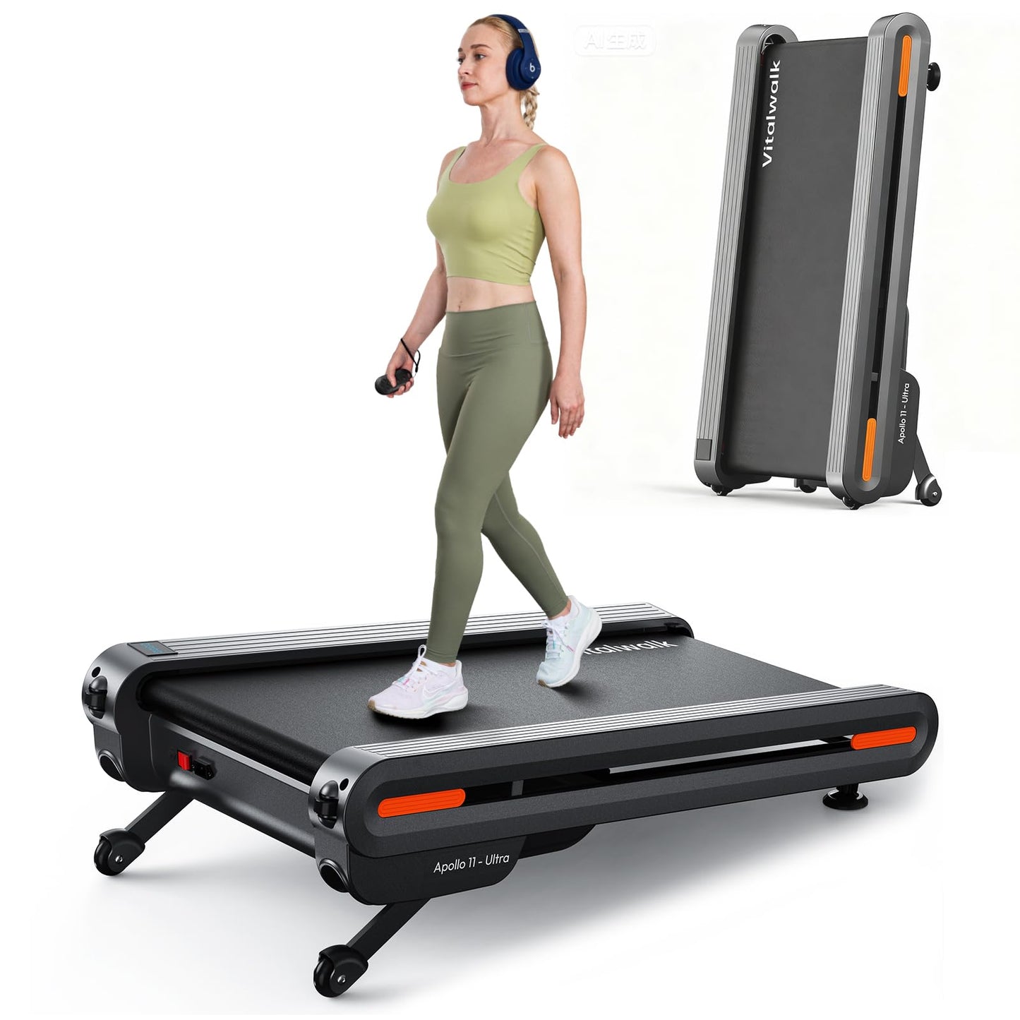 Vitalwalk Walking Pad Treadmill with Incline, 43"x18" Wide Full Deck, Auto Incline, Portable Under Desk Treadmills for Home Office, 4-Way Mobility & Vertical Store, Heavy Duty, APP, Black, Large